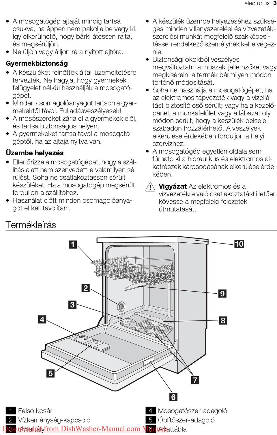 Fulladásveszélyesek! A mosószereket zárja el a gyermekek elől, és tartsa biztonságos helyen. A gyermekeket tartsa távol a mosogatógéptől, ha az ajtaja nyitva van.