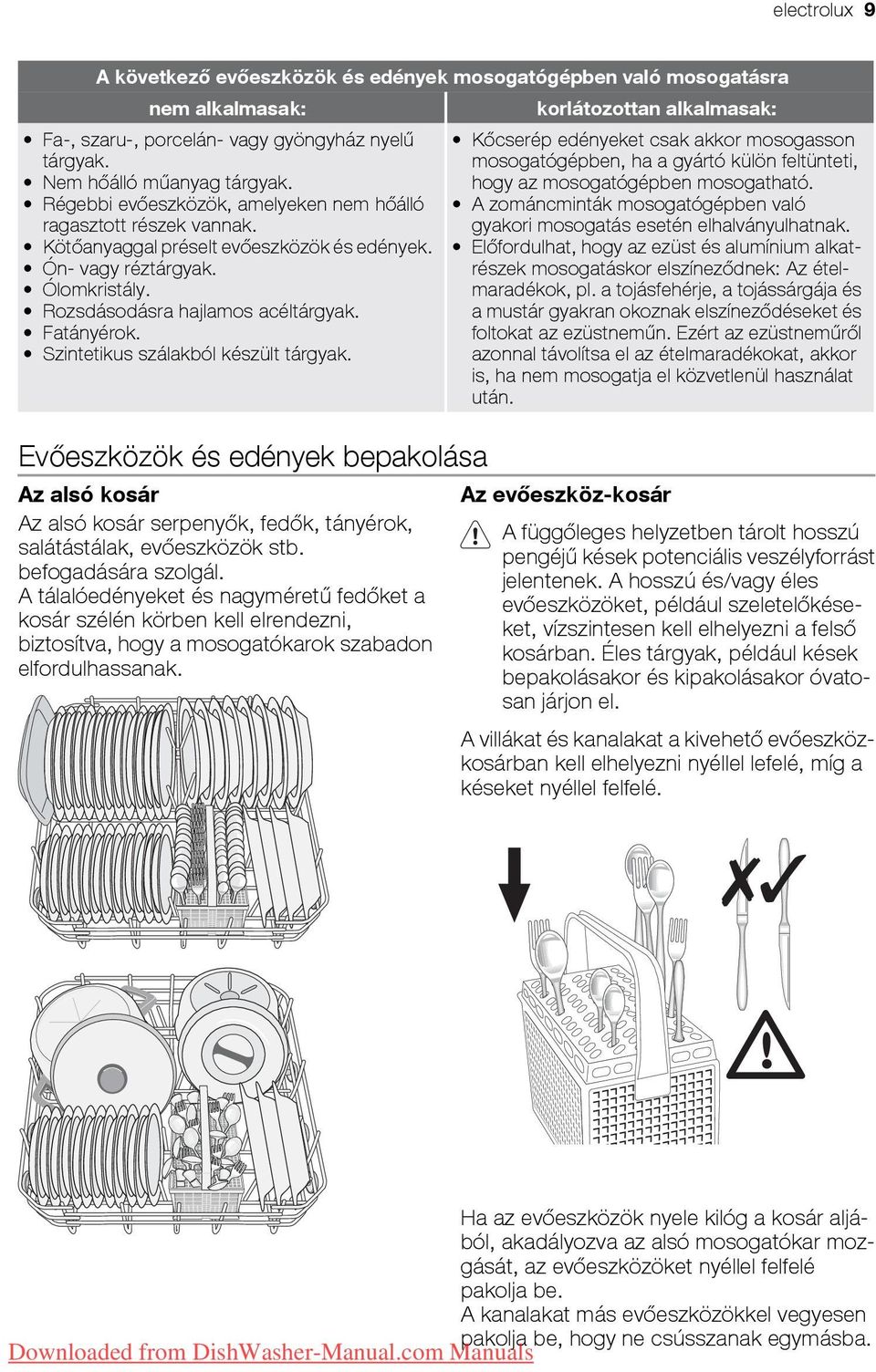 Szintetikus szálakból készült tárgyak. Evőeszközök és edények bepakolása Az alsó kosár Az alsó kosár serpenyők, fedők, tányérok, salátástálak, evőeszközök stb. befogadására szolgál.