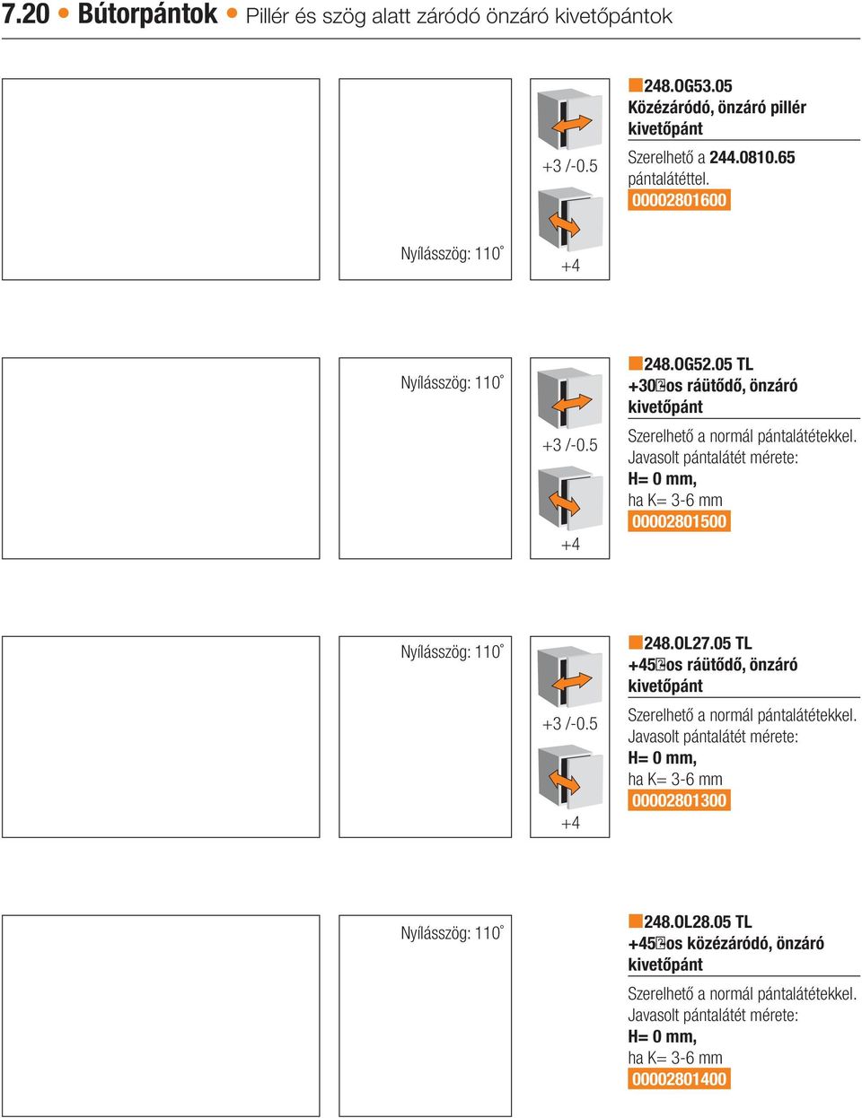 05 +30 -os ráütődő, önzáró zerelhető a normál ha = 3-6 mm 00002801500 Nyílásszög: 110 +3 /-0.5 +4 n248.o27.