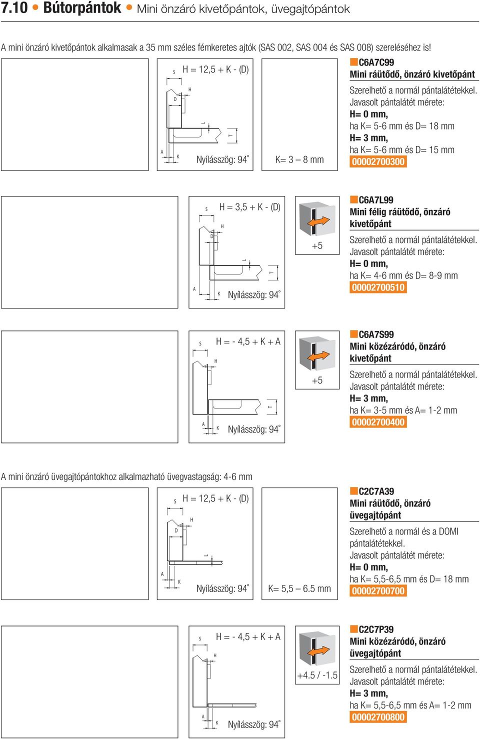 normál ha = 4-6 mm és = 8-9 mm 00002700510 = - 4,5 + + nc6799 Mini közézáródó, önzáró +5 zerelhető a normál = 3 mm, ha = 3-5 mm és = 1-2 mm 00002700400 mini önzáró üvegajtópántokhoz alkalmazható