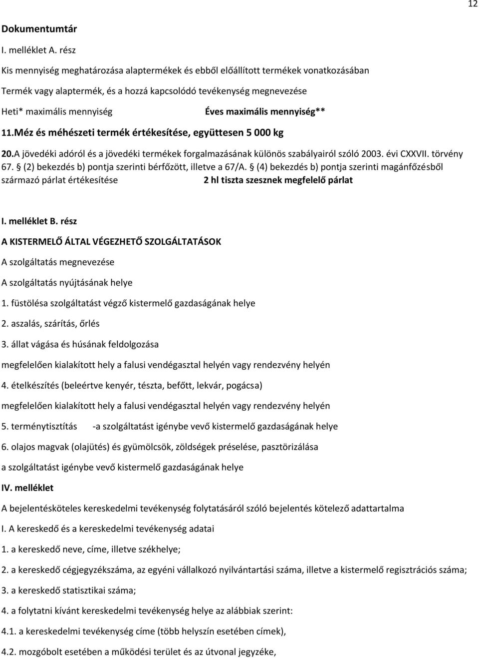 maximális mennyiség** 11.Méz és méhészeti termék értékesítése, együttesen 5 000 kg 20.A jövedéki adóról és a jövedéki termékek forgalmazásának különös szabályairól szóló 2003. évi CXXVII. törvény 67.