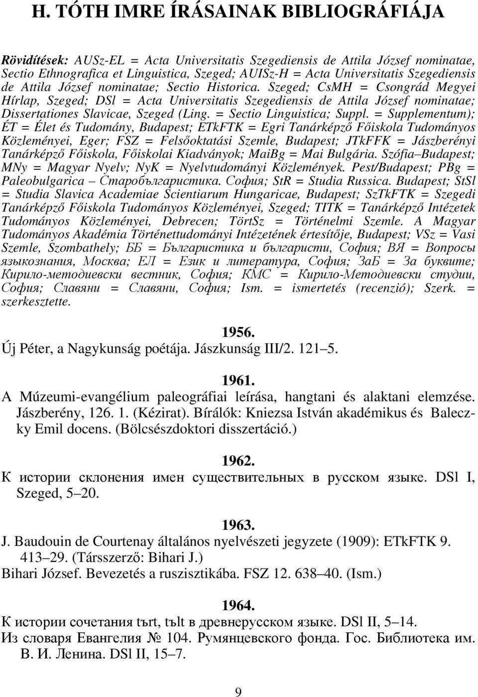 Szeged; CsMH = Csongrád Megyei Hírlap, Szeged; DSl = Acta Universitatis Szegediensis de Attila József nominatae; Dissertationes Slavicae, Szeged (Ling. = Sectio Linguistica; Suppl.