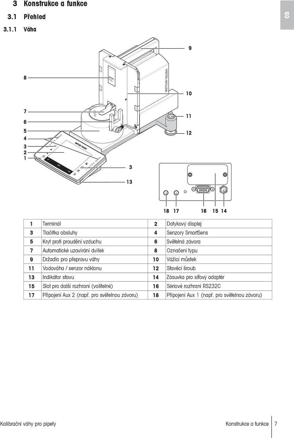 1 Váha 9 8 METTLER TOLEDO XPE26PC METTLER TOLEDO 10 7 6 5 4 3 2 1 3 11 12 13 18 17 16 15 14 1 Terminál 2 Dotykový displej 3 Tlačítka obsluhy 4 Senzory SmartSens