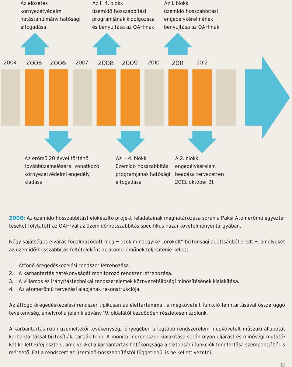 kiadása Az 1 4. blokk üzemidő-hosszabbítás programjának hatósági elfogadása A 2. blokk engedélykérelem beadása tervezetten 2013. október 31.