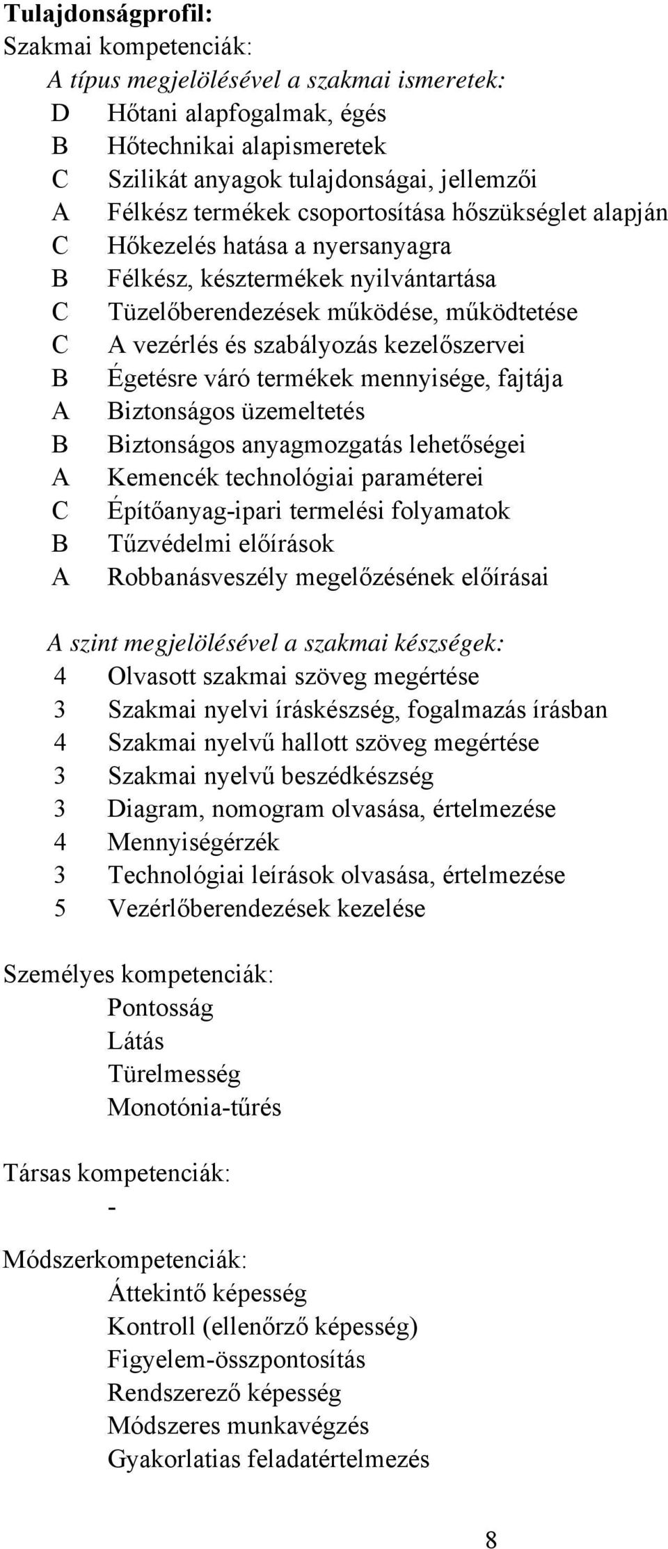 kezelőszervei B Égetésre váró termékek mennyisége, fajtája A Biztonságos üzemeltetés B Biztonságos anyagmozgatás lehetőségei A Kemencék technológiai paraméterei C Építőanyag-ipari termelési