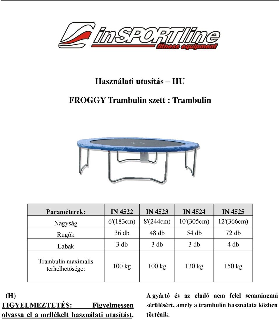 maximális terhelhetősége: 100 kg 100 kg 130 kg 150 kg (H) FIGYELMEZTETÉS: Figyelmessen olvassa el a mellékelt