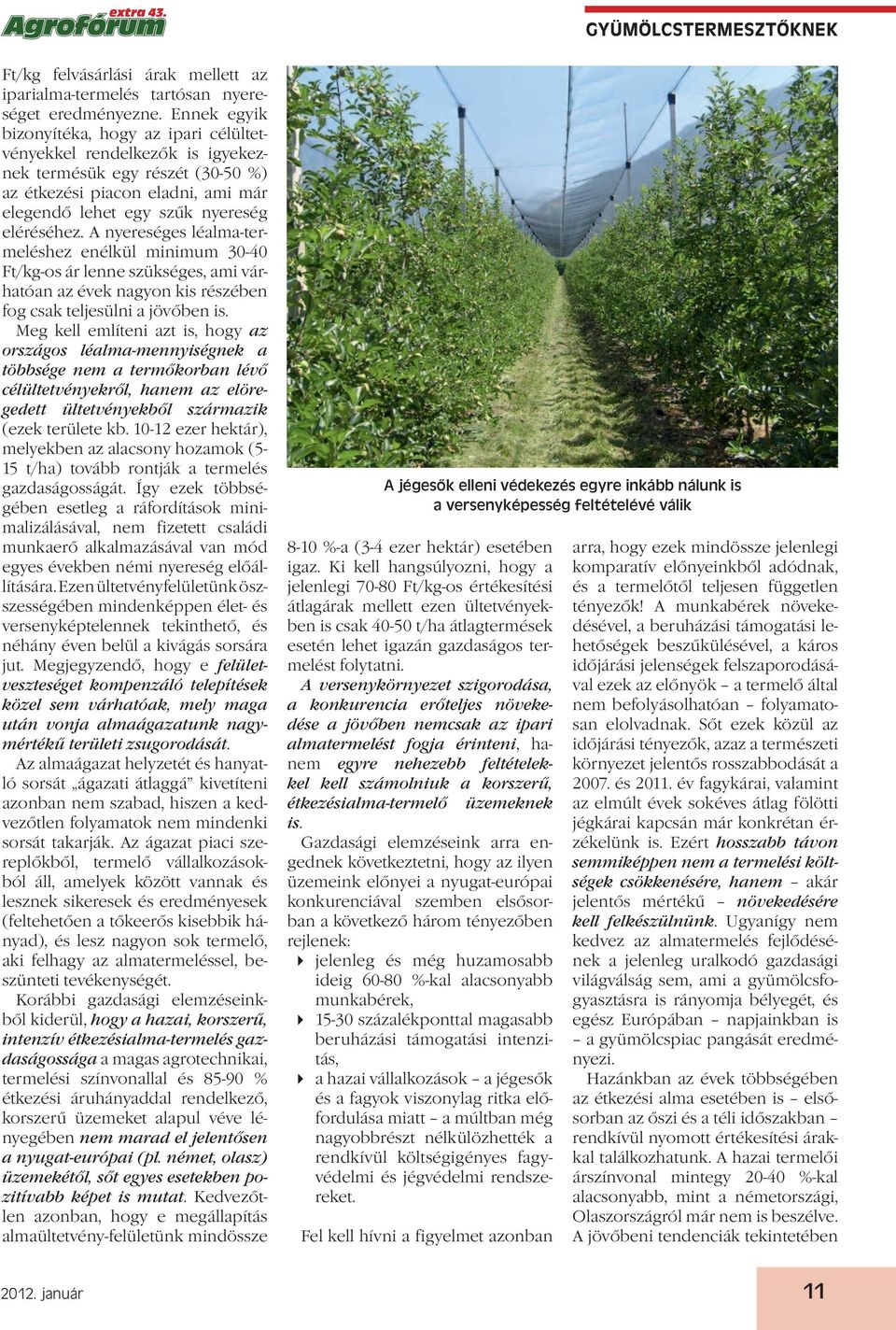 A nyereséges léalma-termeléshez enélkül minimum 30-40 Ft/kg-os ár lenne szükséges, ami várhatóan az évek nagyon kis részében fog csak teljesülni a jövőben is.