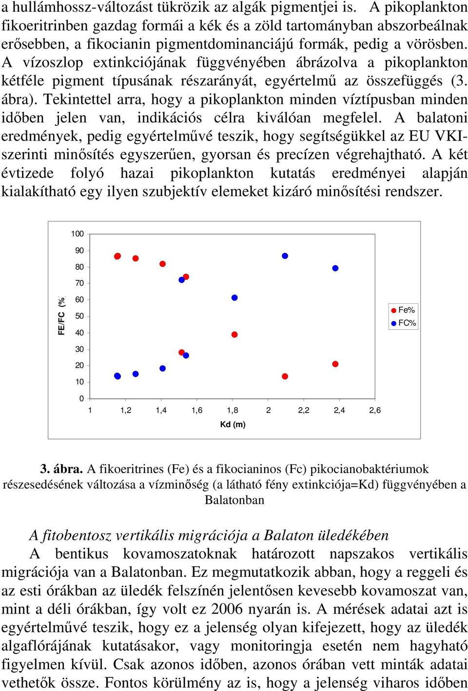 A vízoszlop extinkciójának függvényében ábrázolva a pikoplankton kétféle pigment típusának részarányát, egyértelmű az összefüggés (3. ábra).