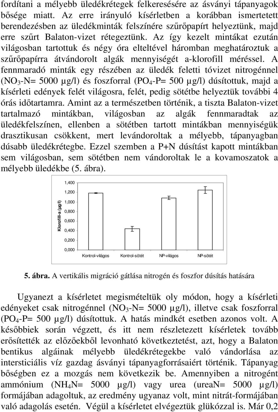 Az így kezelt mintákat ezután világosban tartottuk és négy óra elteltével háromban meghatároztuk a szűrőpapírra átvándorolt algák mennyiségét a-klorofill méréssel.