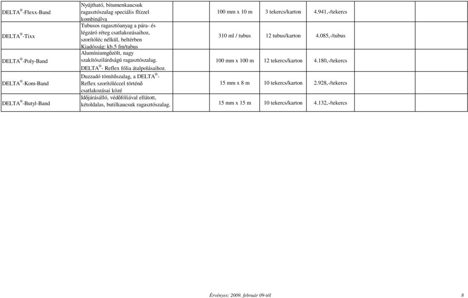 100 mm x 10 m 3 tekercs/karton 4.941,-/tekercs 310 ml / tubus 12 tubus/karton 4.085,-/tubus 100 mm x 100 m 12 tekercs/karton 4.