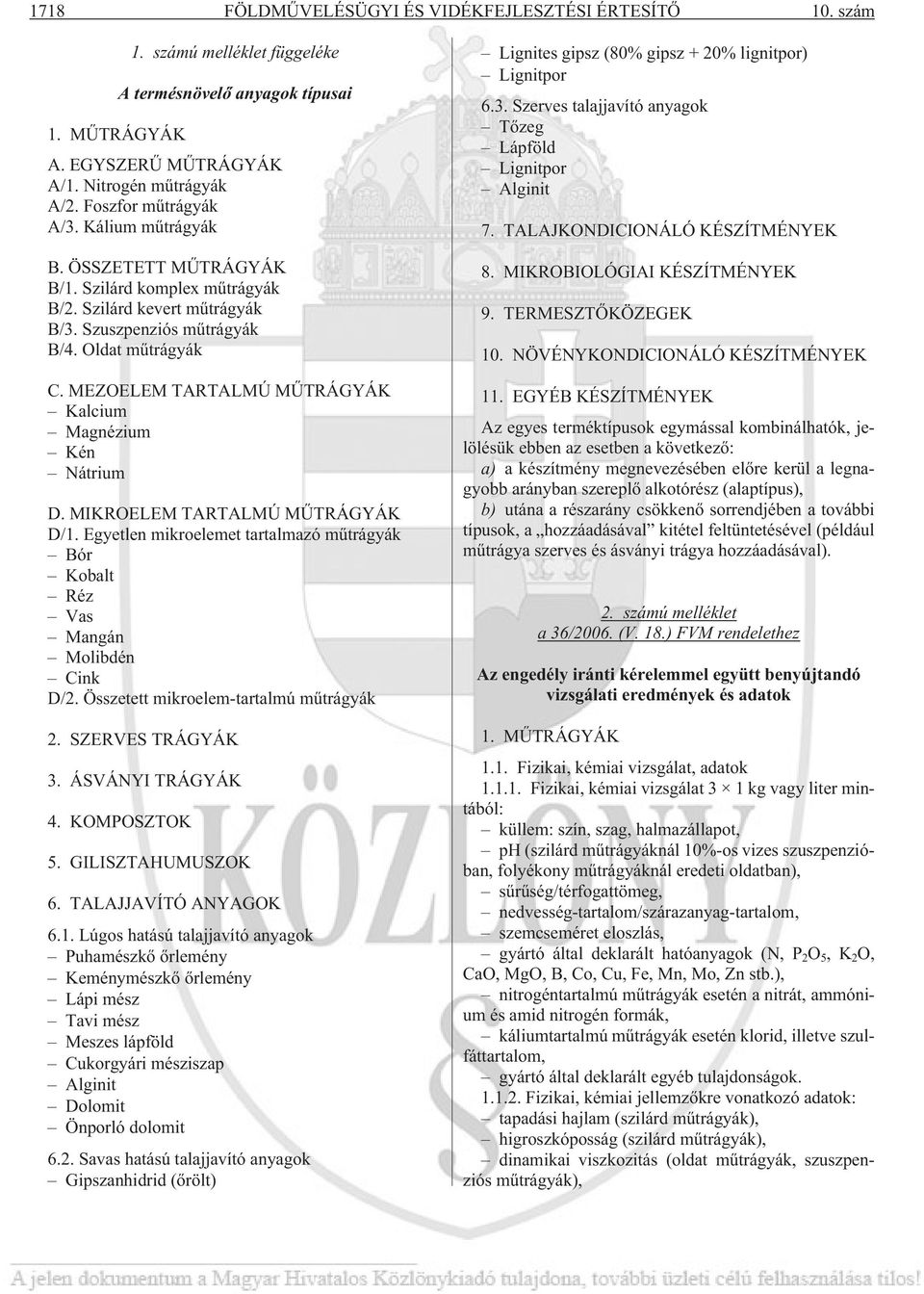 MEZOELEM TARTALMÚ MÛTRÁGYÁK Kalcium Magnézium Kén Nátrium D. MIKROELEM TARTALMÚ MÛTRÁGYÁK D/1. Egyetlen mikroelemet tartalmazó mûtrágyák Bór Kobalt Réz Vas Mangán Molibdén Cink D/2.
