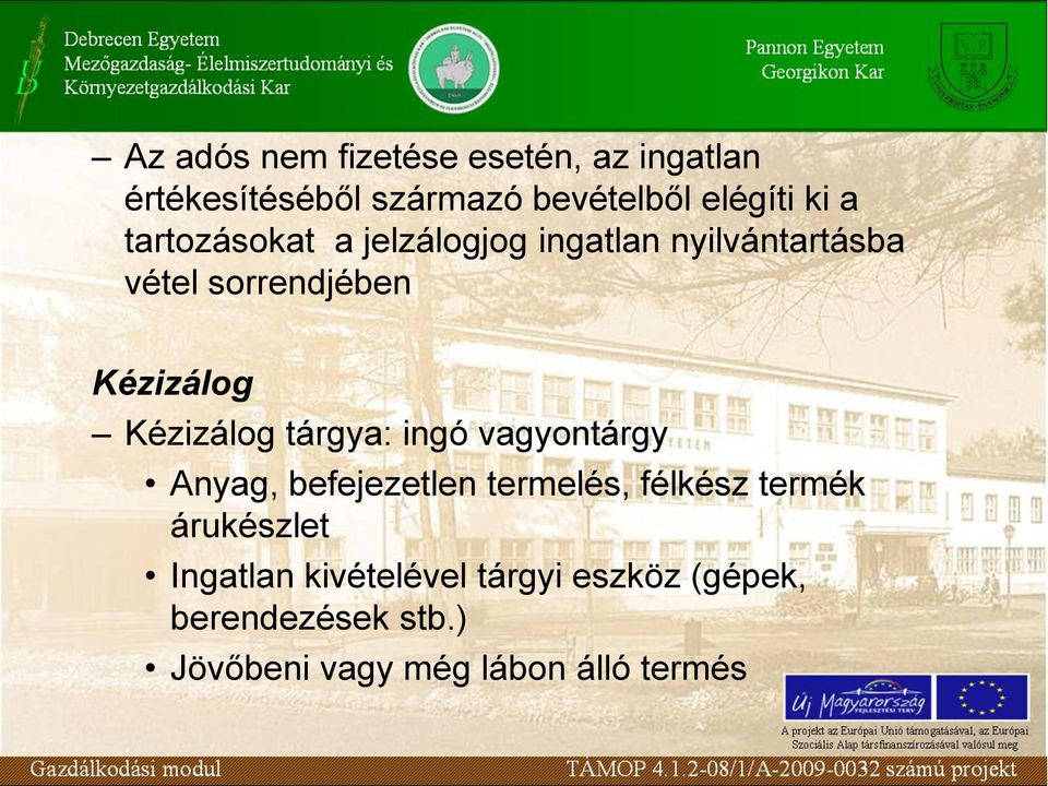 Kézizálog tárgya: ingó vagyontárgy Anyag, befejezetlen termelés, félkész termék