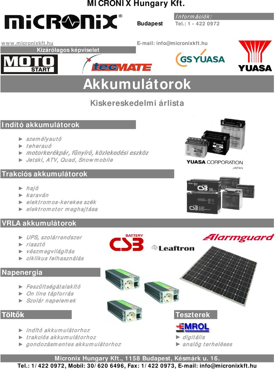 MICRONIX Hungary Kft. Akkumulátorok. Kiskereskedelmi árlista - PDF Free  Download