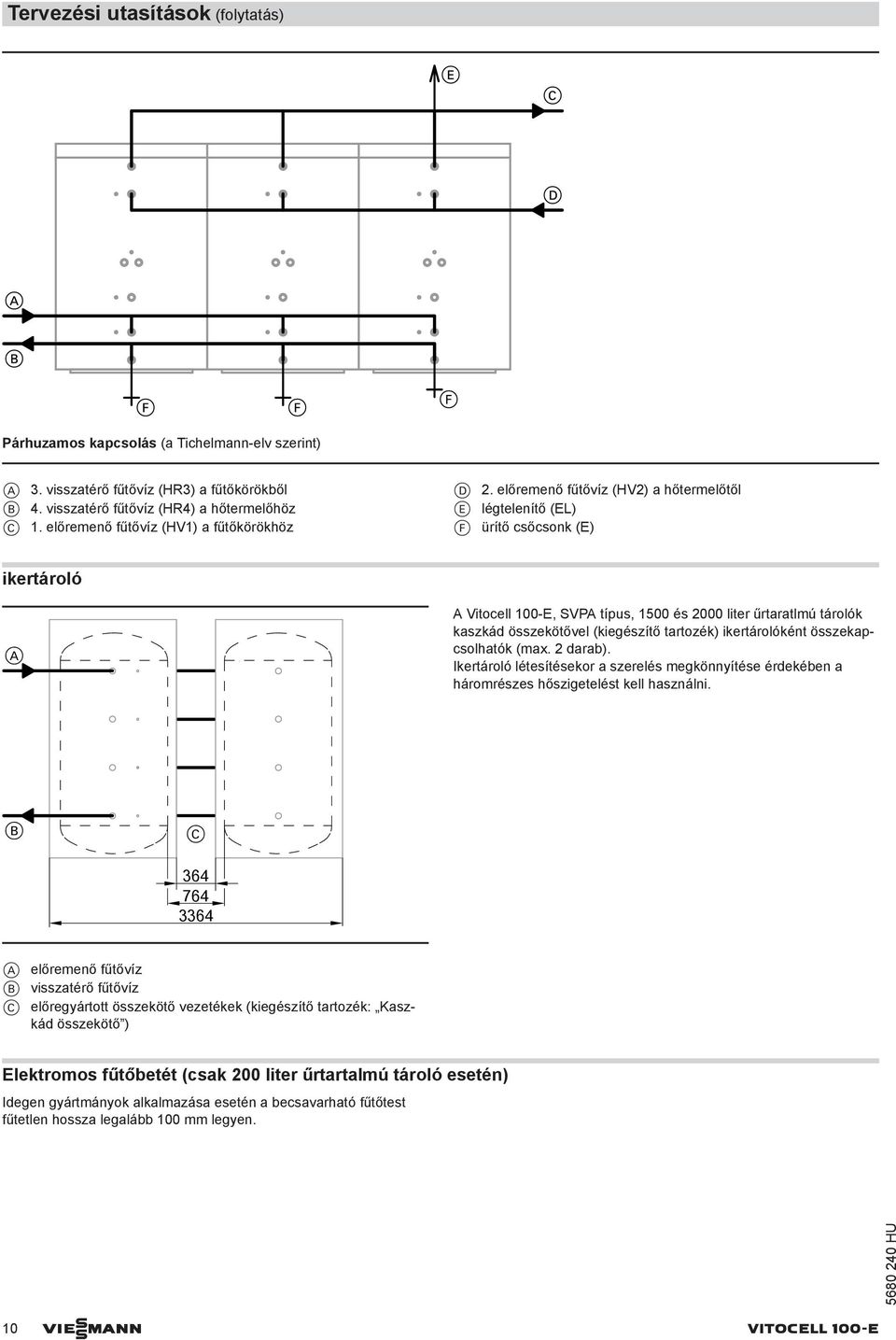 előremenő fűtővíz (HV2) a hőtermelőtől E légtelenítő (EL) F ürítő csőcsonk (E) ikertároló A A Vitocell 100-E, SVPA típus, 1500 és 2000 liter űrtaratlmú tárolók kaszkád összekötővel (kiegészítő