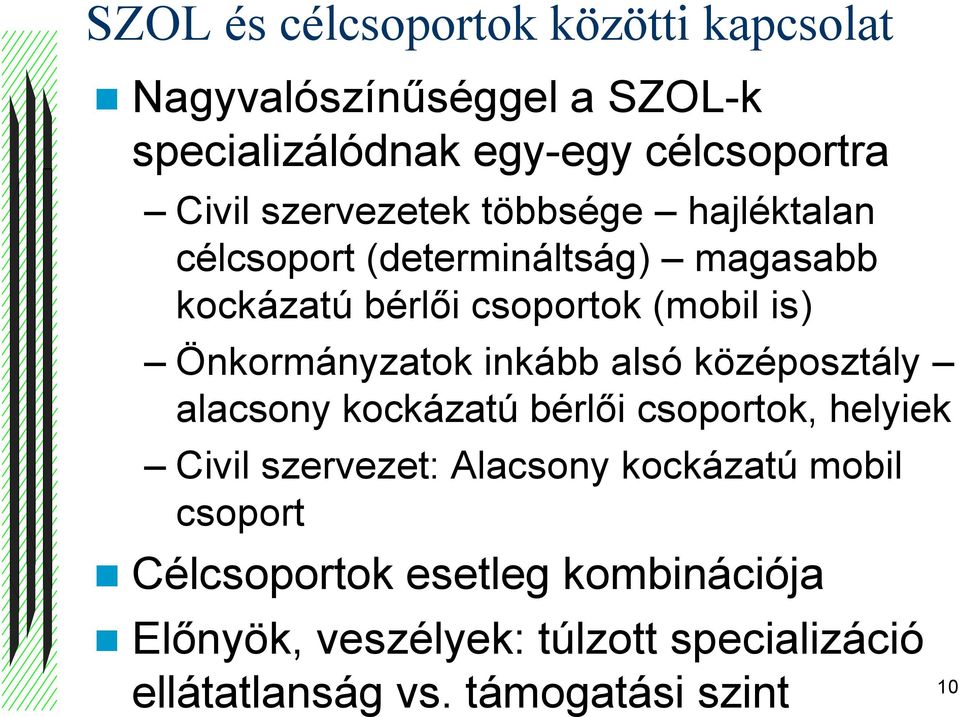 Önkormányzatok inkább alsó középosztály alacsony kockázatú bérlői csoportok, helyiek Civil szervezet: Alacsony