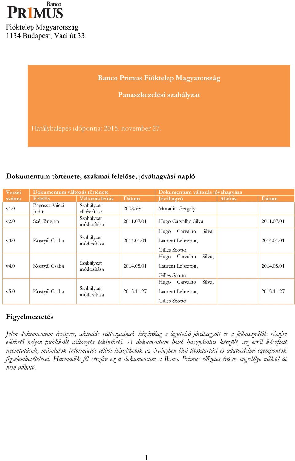 0 Bagossy-Váczi Szabályzat Judit elkészítése 2008. év Muradin Gergely v2.0 Szél Brigitta Szabályzat módosítása 2011.07.01 Hugo Carvalho Silva 2011.07.01 Hugo Carvalho Silva, v3.