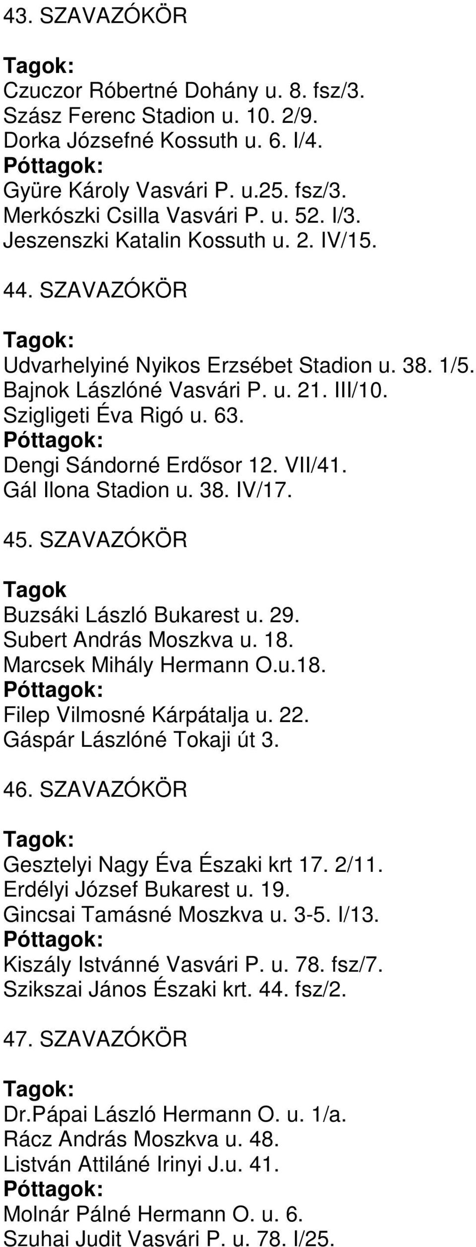 VII/41. Gál Ilona Stadion u. 38. IV/17. 45. SZAVAZÓKÖR Tagok Buzsáki László Bukarest u. 29. Subert András Moszkva u. 18. Marcsek Mihály Hermann O.u.18. Filep Vilmosné Kárpátalja u. 22.