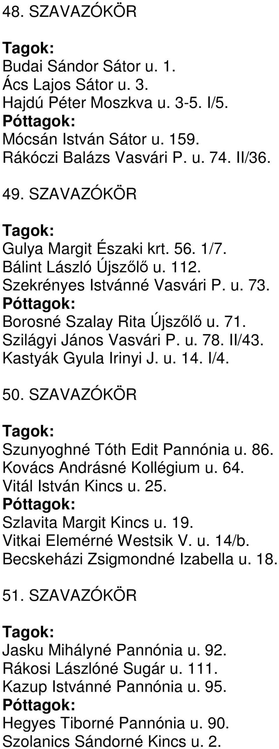 Kastyák Gyula Irinyi J. u. 14. I/4. 50. SZAVAZÓKÖR Szunyoghné Tóth Edit Pannónia u. 86. Kovács Andrásné Kollégium u. 64. Vitál István Kincs u. 25. Szlavita Margit Kincs u. 19.