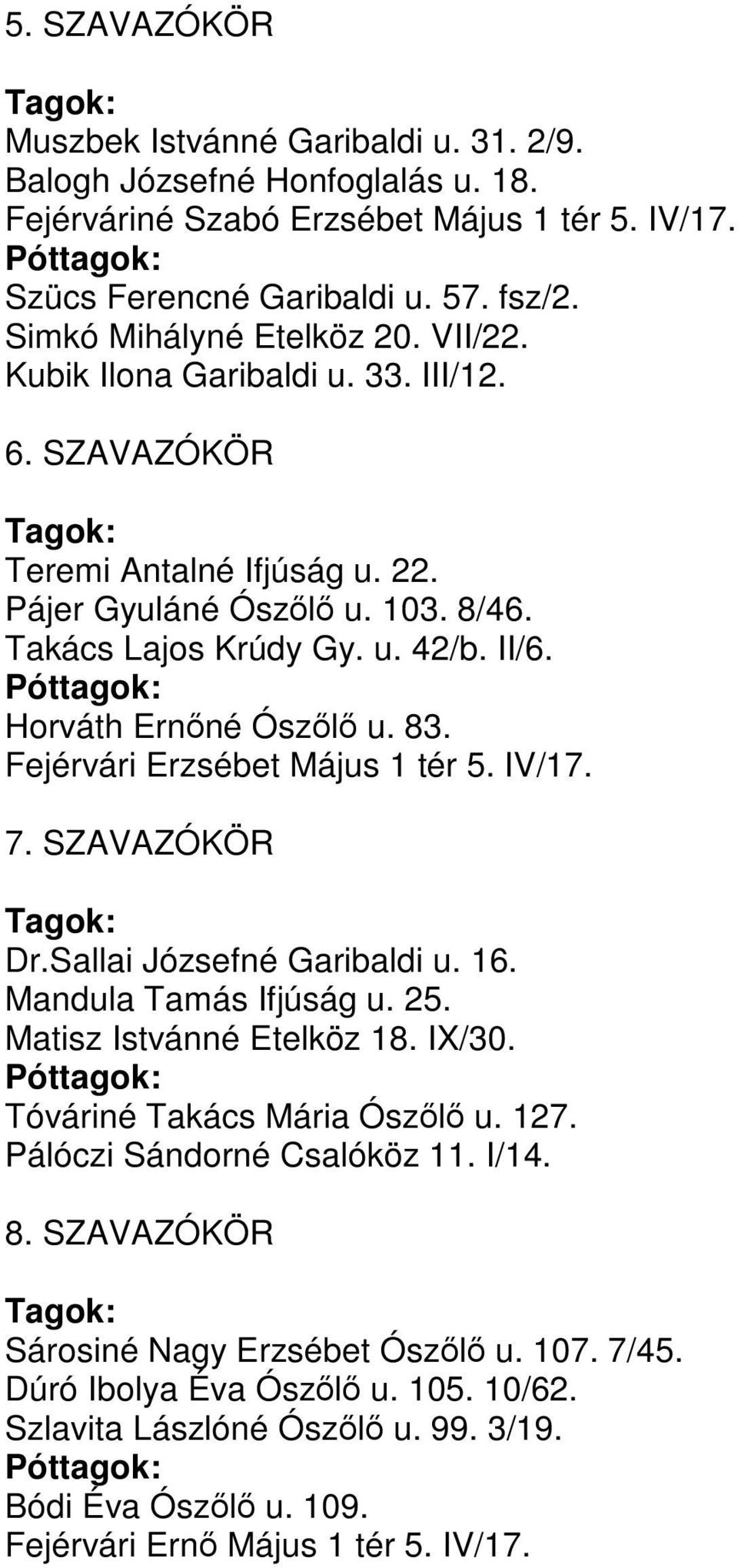 Horváth Ernőné Ószőlő u. 83. Fejérvári Erzsébet Május 1 tér 5. IV/17. 7. SZAVAZÓKÖR Dr.Sallai Józsefné Garibaldi u. 16. Mandula Tamás Ifjúság u. 25. Matisz Istvánné Etelköz 18. IX/30.