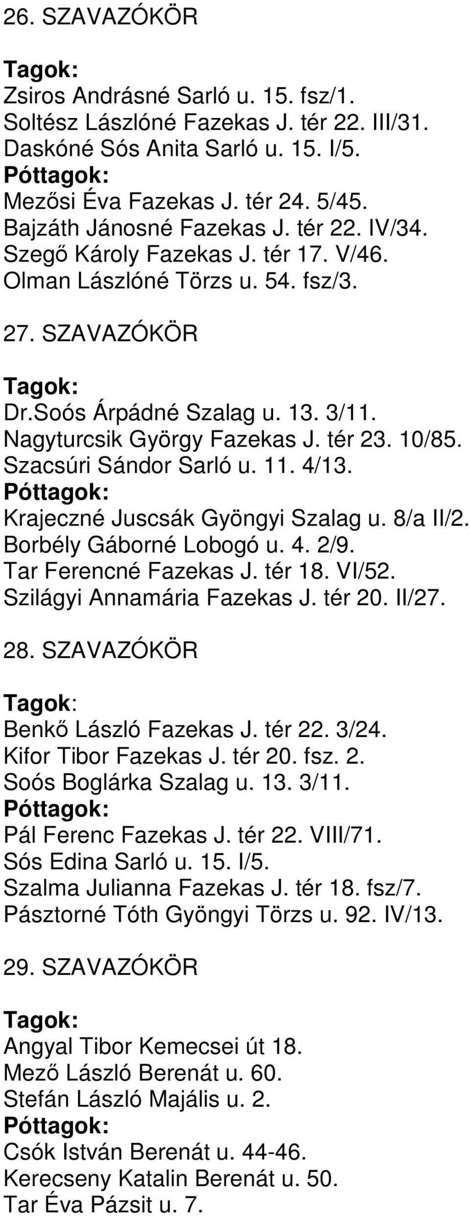 Szacsúri Sándor Sarló u. 11. 4/13. Krajeczné Juscsák Gyöngyi Szalag u. 8/a II/2. Borbély Gáborné Lobogó u. 4. 2/9. Tar Ferencné Fazekas J. tér 18. VI/52. Szilágyi Annamária Fazekas J. tér 20. II/27.