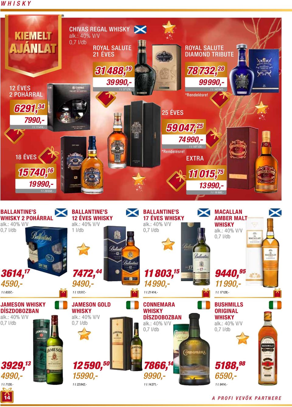 74990,- extra 1 l: 28558,- 99990,- 11015, 75 1 l: 107128,- 13990,- Ballantine's whisky 2 pohárral Ballantine's 12 éves whisky 1 l/db Ballantine's 17 éves whisky Macallan Amber Malt whisky 3614, 17