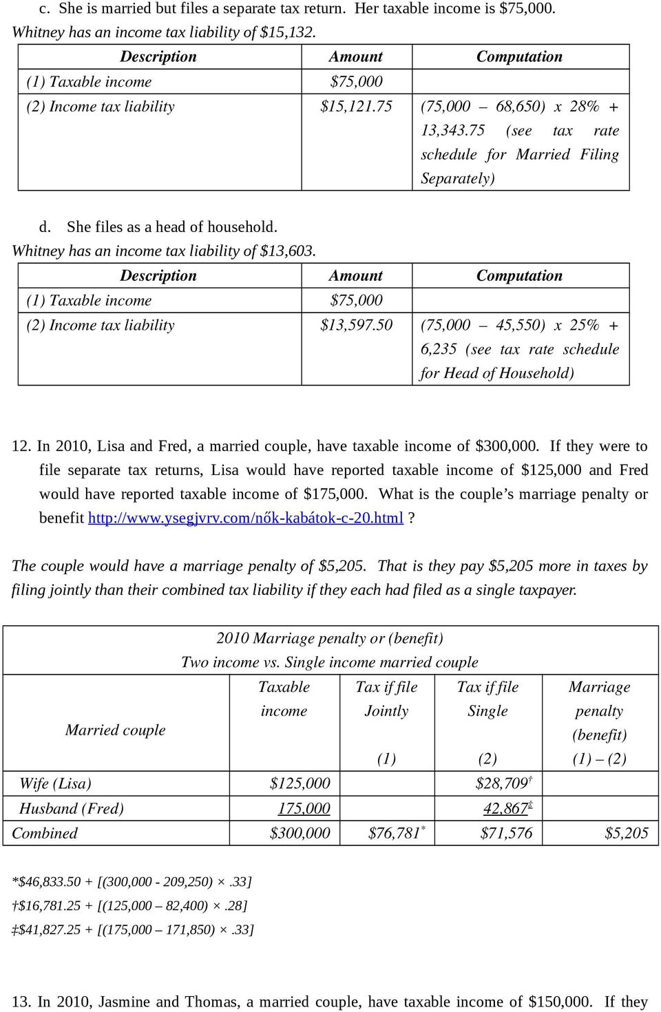 (1) Taxable $75,000 (2) Income tax liability $13,597.50 (75,000 45,550) x 25% + 6,235 (see tax rate schedule for Head of Household) 12.