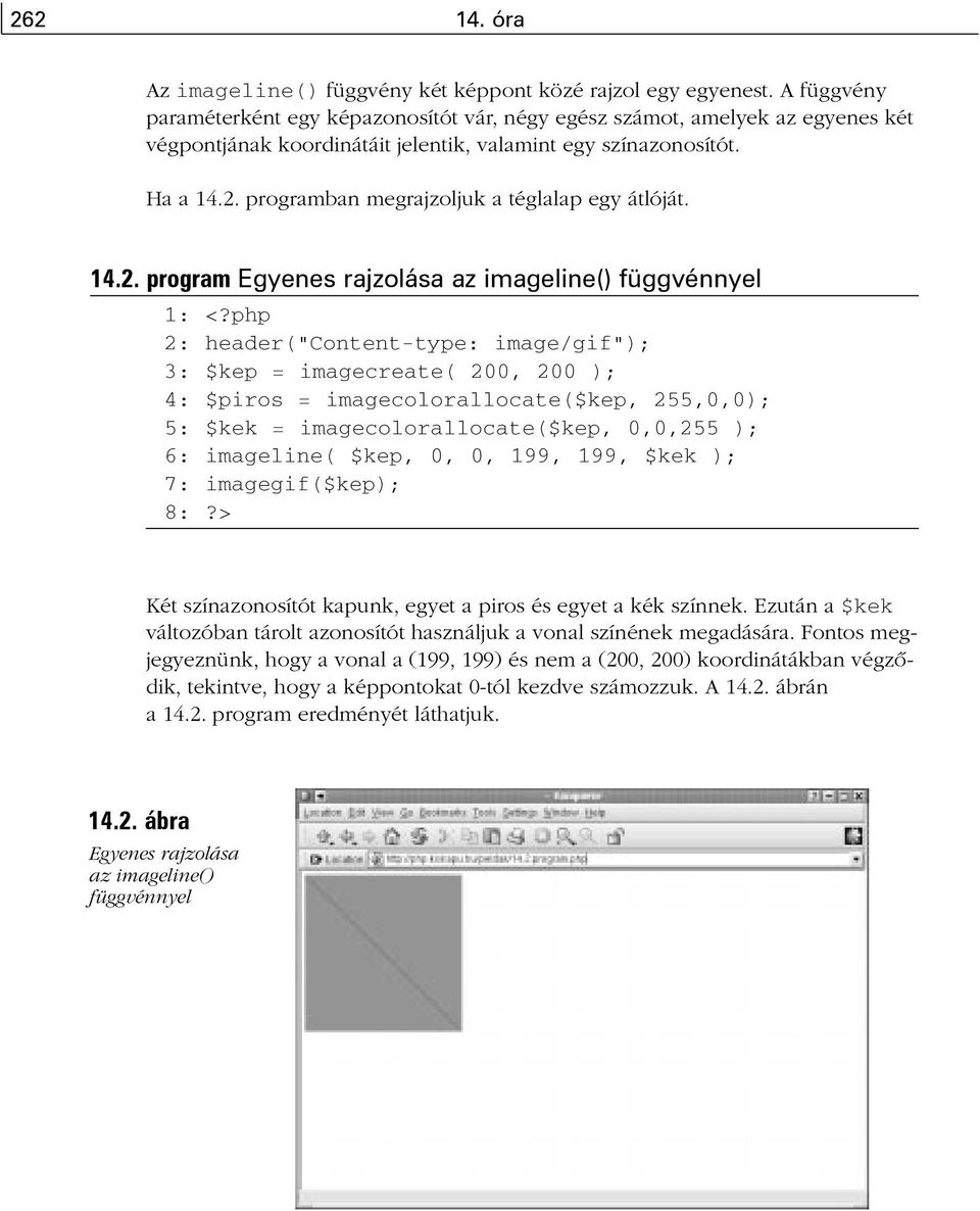 programban megrajzoljuk a téglalap egy átlóját. 14.2. program Egyenes rajzolása az imageline() függvénnyel 1: <?