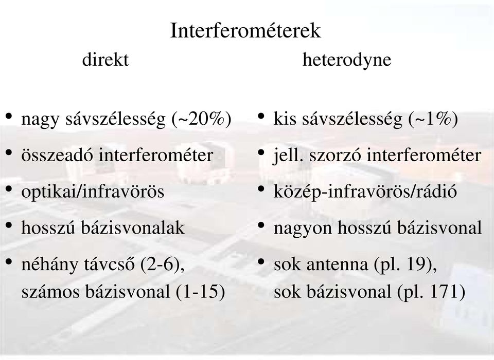 szorzó interferométer optikai/infravörös közép infravörös/rádió hosszú