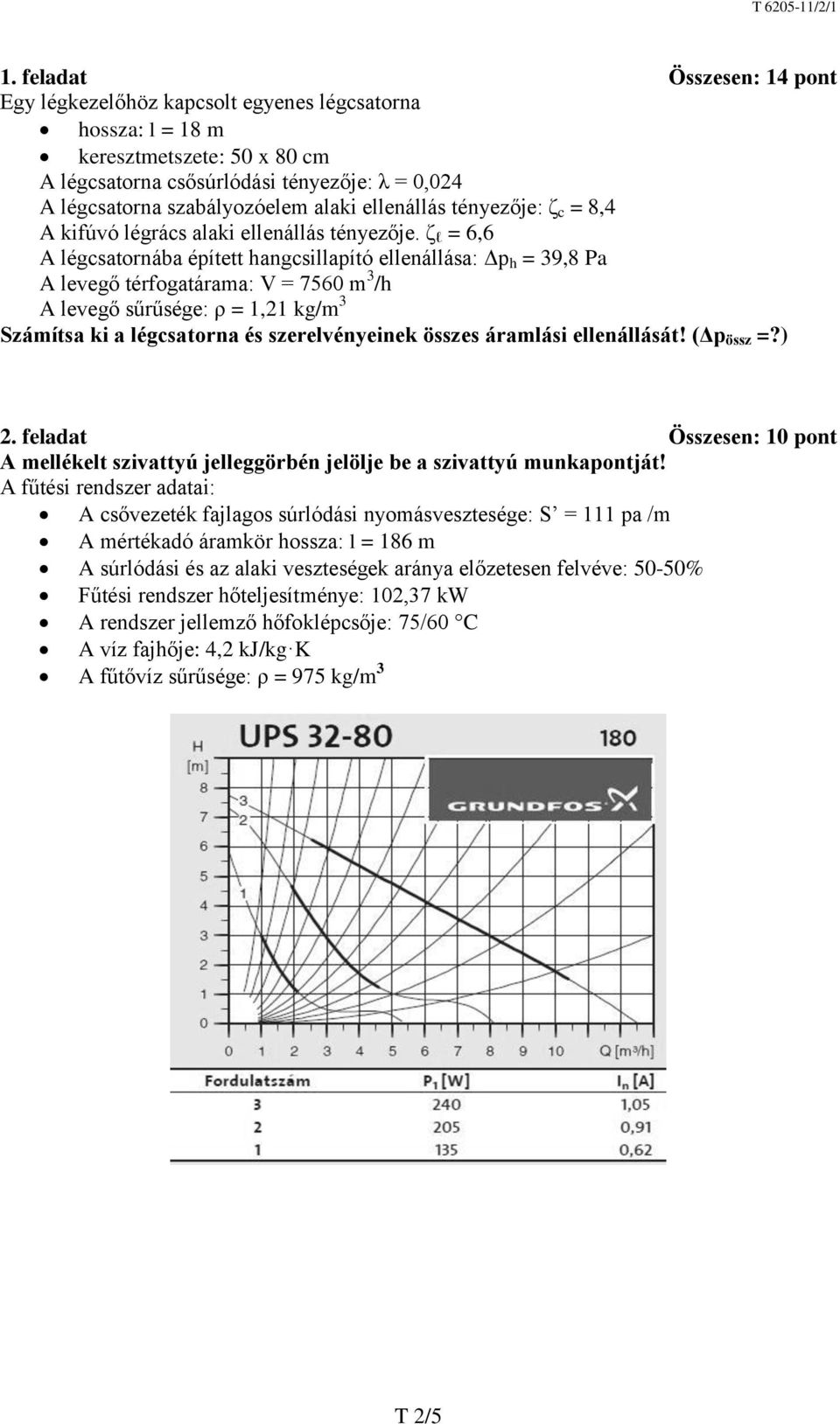 ζ l = 6,6 A légcsatornába épített hangcsillapító ellenállása: Δp h = 39,8 Pa A levegő térfogatárama: V = 7560 m 3 /h A levegő sűrűsége: ρ = 1,21 kg/m 3 Számítsa ki a légcsatorna és szerelvényeinek