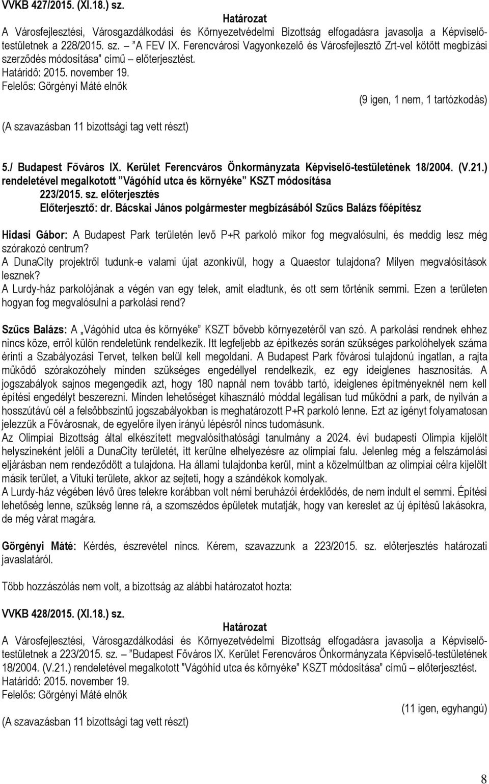 Felelős: Görgényi Máté elnök (9 igen, 1 nem, 1 tartózkodás) (A szavazásban 11 bizottsági tag vett részt) 5./ Budapest Főváros IX. Kerület Ferencváros Önkormányzata Képviselő-testületének 18/2004. (V.