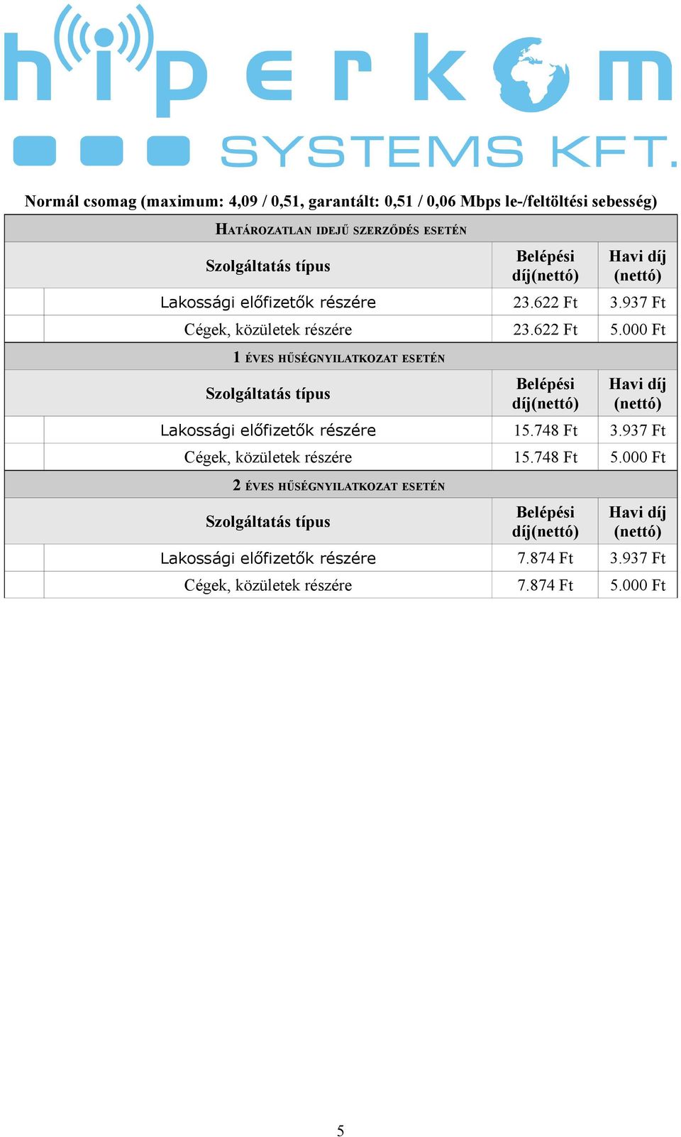 000 Ft 1 ÉVES HŰSÉGNYILATKOZAT ESETÉN Lakossági előfizetők részére 15.748 Ft 3.937 Ft Cégek, közületek részére 15.