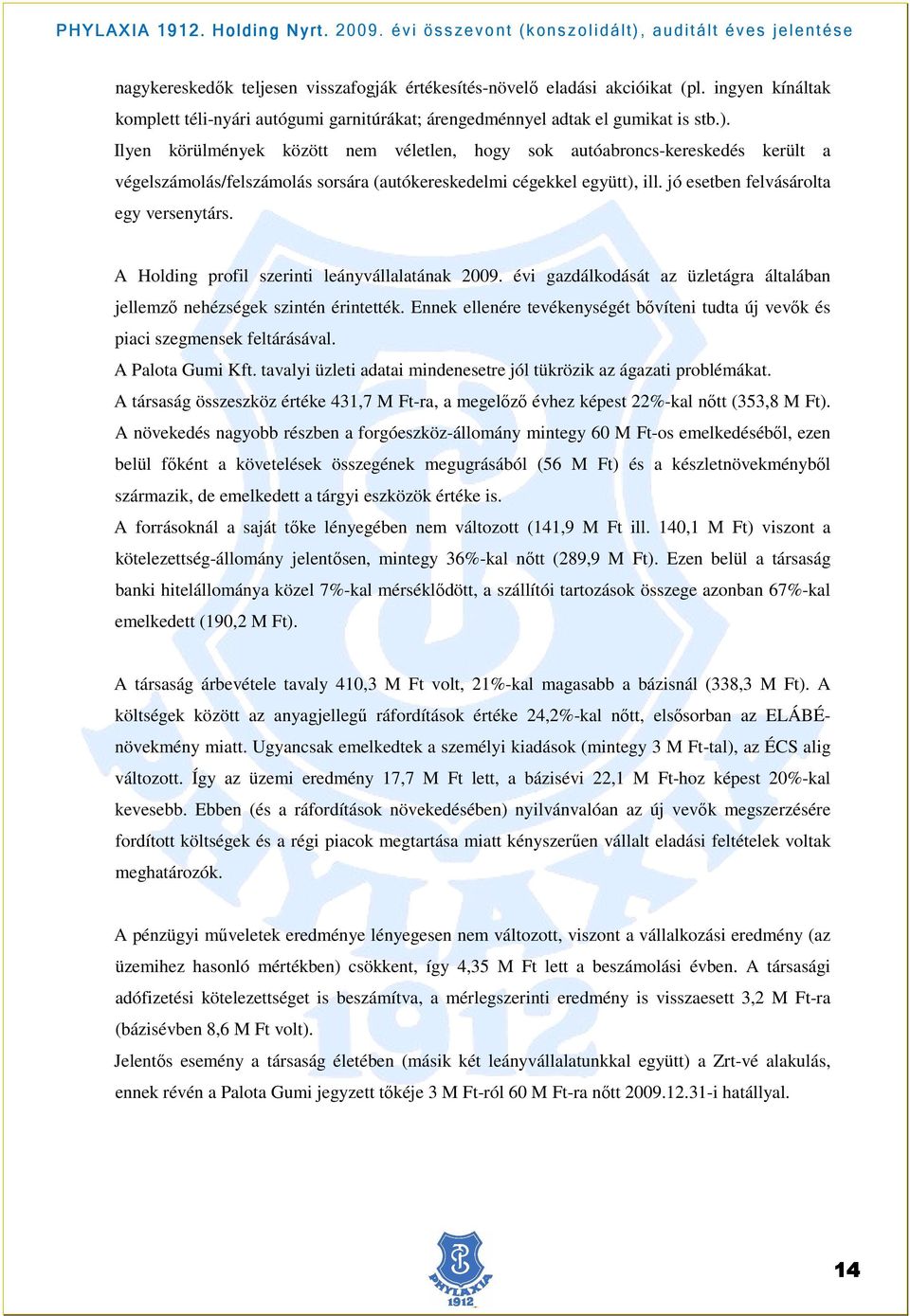 A Holding profil szerinti leányvállalatának 2009. évi gazdálkodását az üzletágra általában jellemzı nehézségek szintén érintették.
