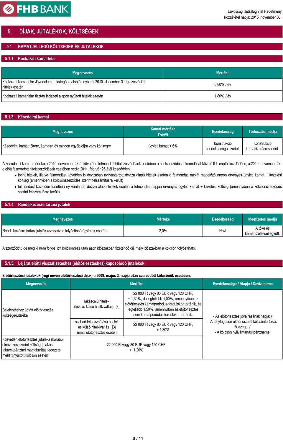 Konstrukció kamatfizetése szerint. A késedelmi kamat mértéke a 2010. november 27-ét követően felmondott hitelszerződések esetében a hitelszerződés felmondását követő 91. naptól kezdődően, a 2010.