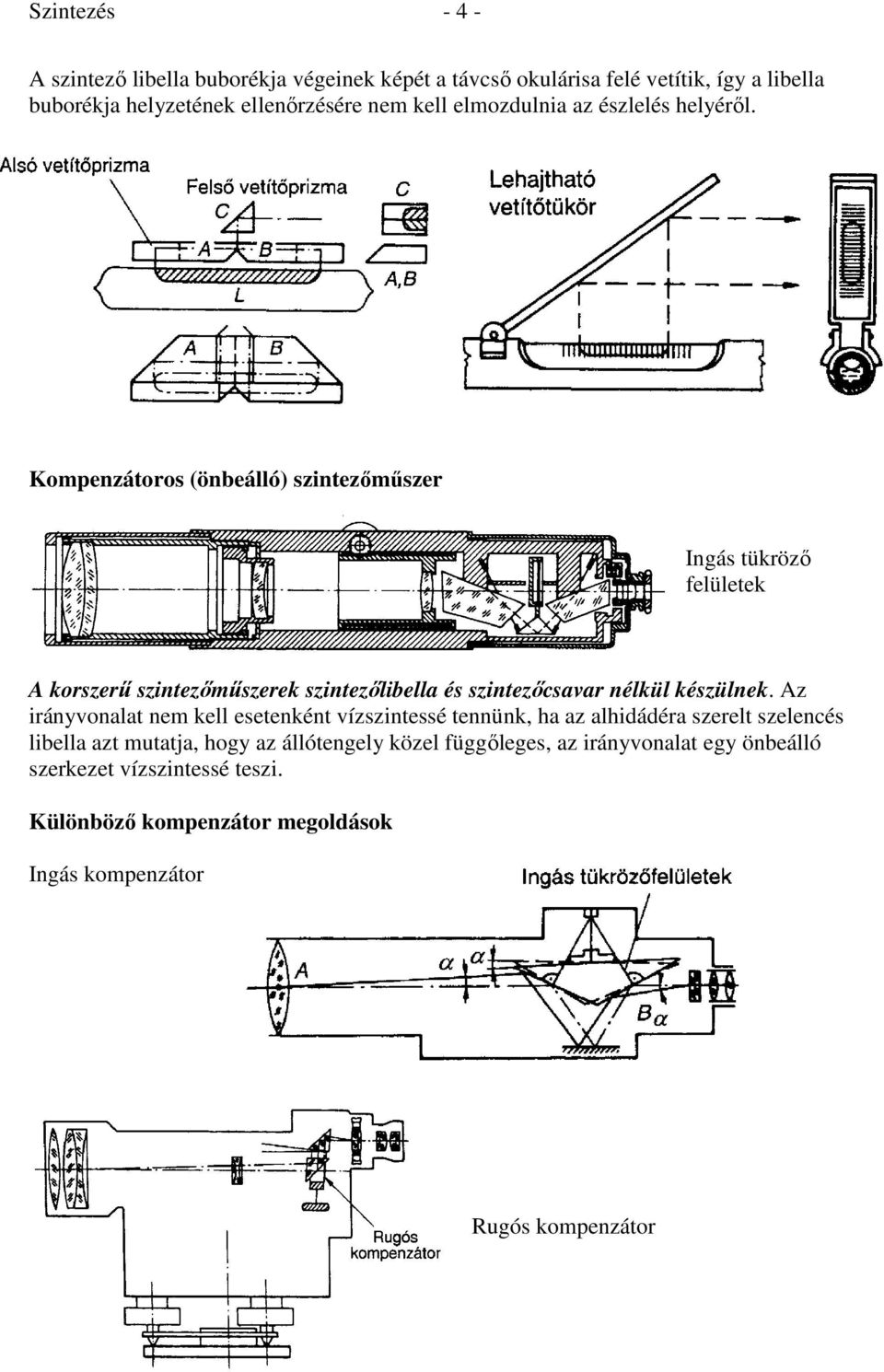 Kompenzátoros (önbeálló) szintezőműszer Ingás tükröző felületek A korszerű szintezőműszerek szintezőlibella és szintezőcsavar nélkül készülnek.