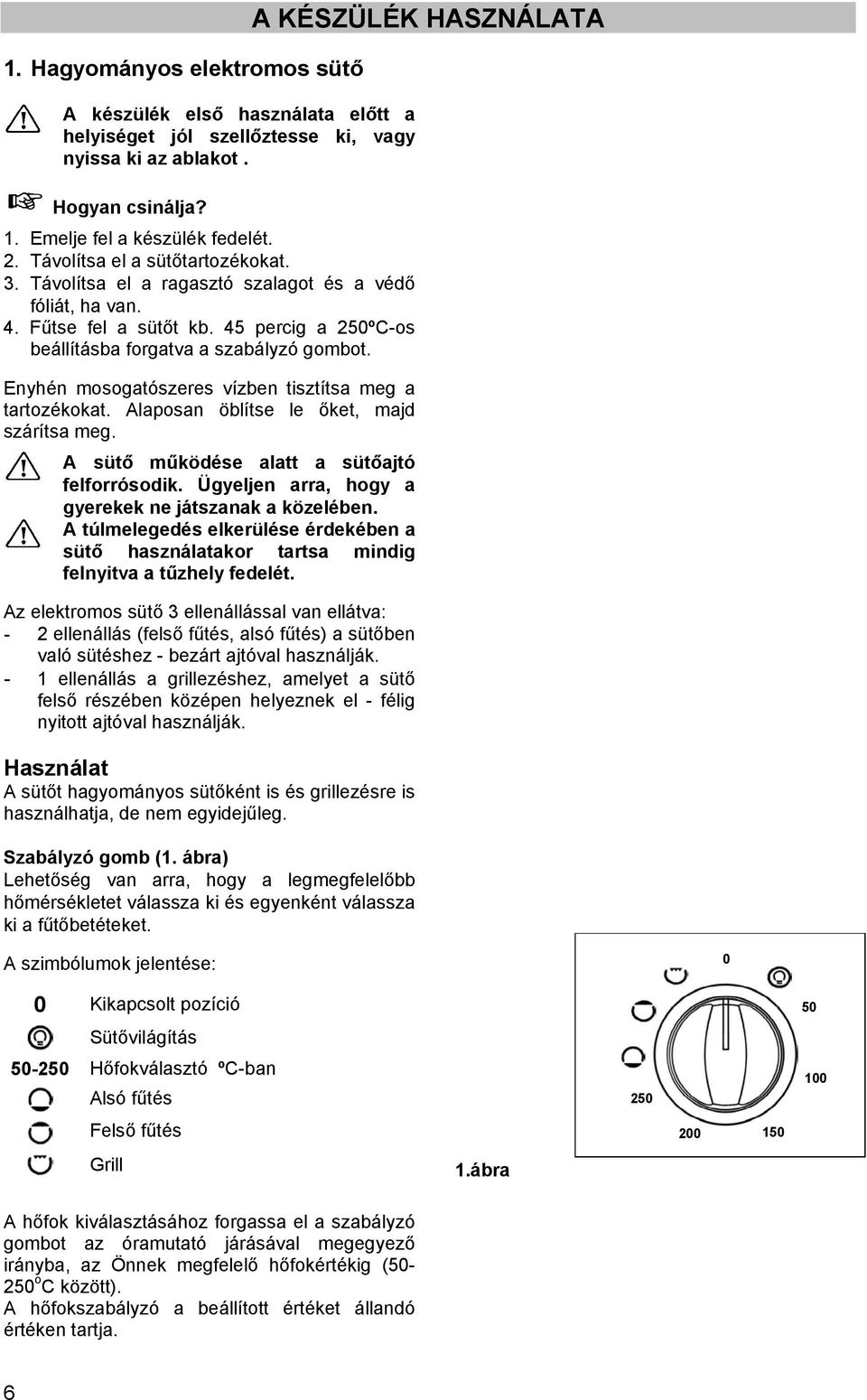 Enyhén mosogatószeres vízben tisztítsa meg a tartozékokat. Alaposan öblítse le őket, majd szárítsa meg. A sütő működése alatt a sütőajtó felforrósodik.
