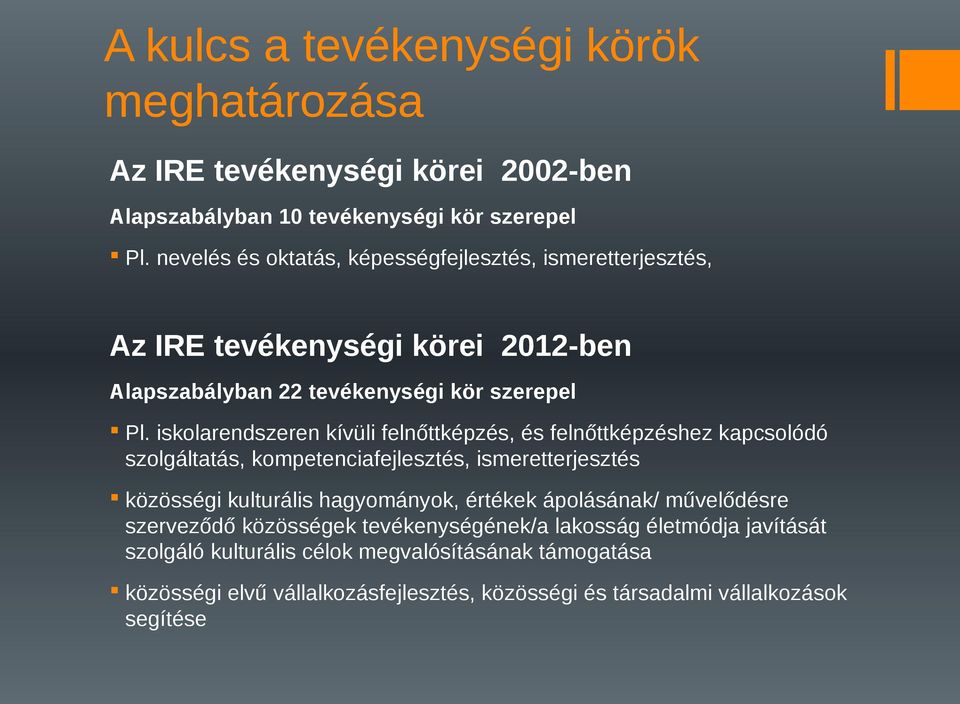 iskolarendszeren kívüli felnőttképzés, és felnőttképzéshez kapcsolódó szolgáltatás, kompetenciafejlesztés, ismeretterjesztés közösségi kulturális hagyományok, értékek