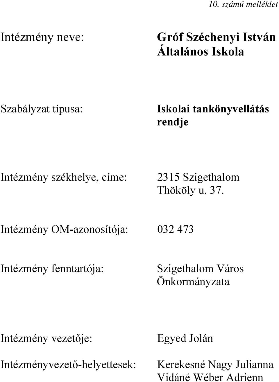 Intézmény OM-azonosítója: 032 473 Intézmény fenntartója: Szigethalom Város Önkormányzata