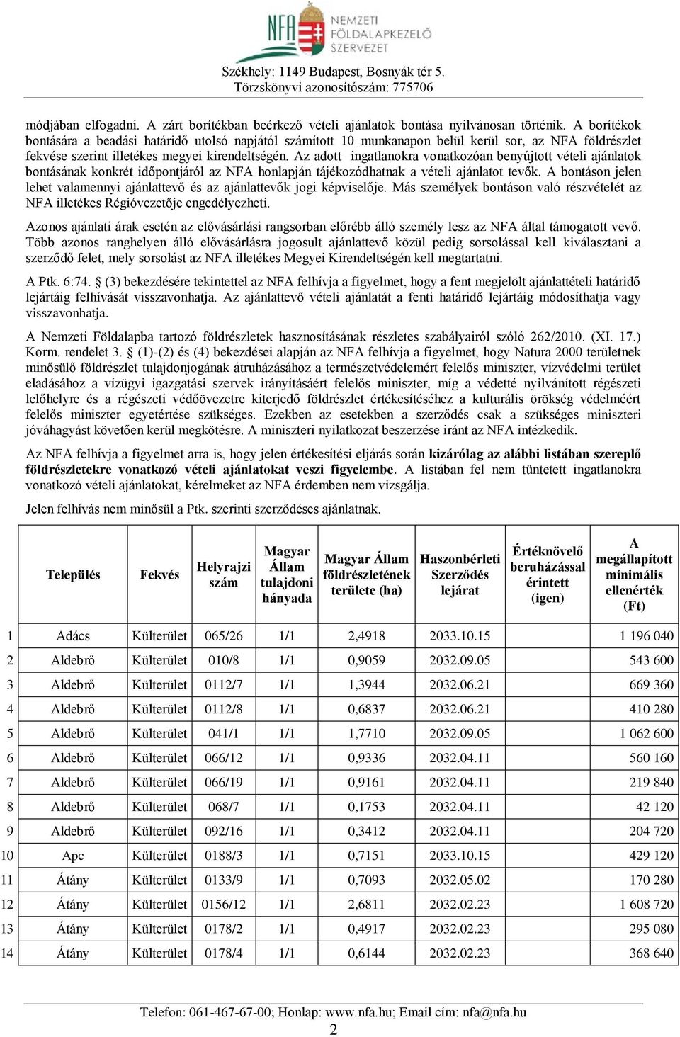 z adott ingatlanokra vonatkozóan benyújtott vételi ajánlatok bontásának konkrét időpontjáról az NF honlapján tájékozódhatnak a vételi ajánlatot tevők.