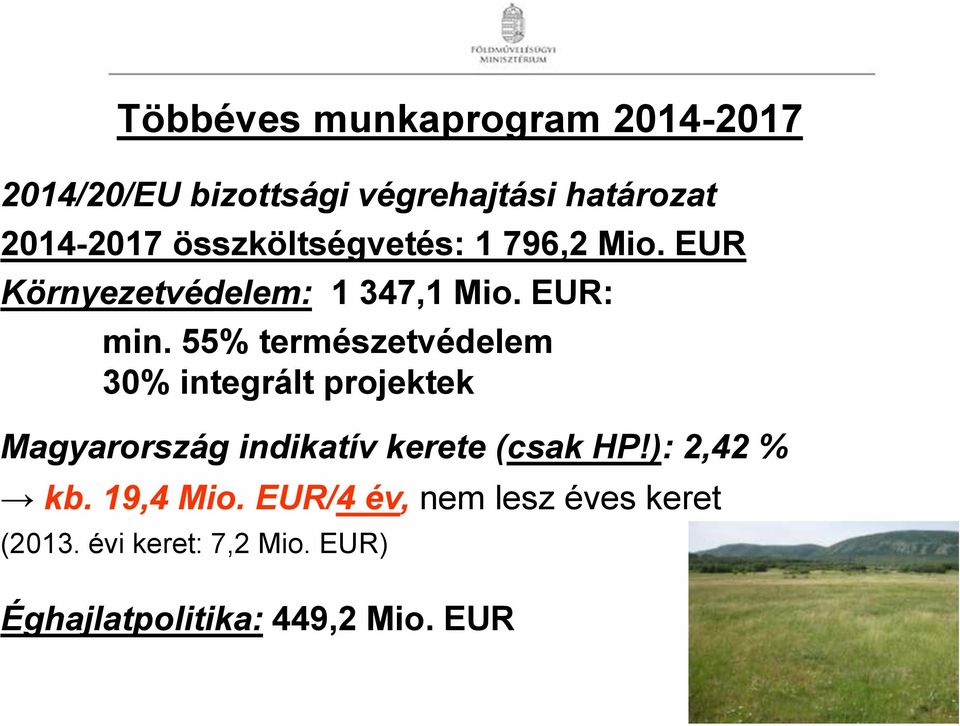55% természetvédelem 30% integrált projektek Magyarország indikatív kerete (csak HP!