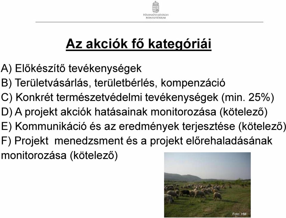 25%) D) A projekt akciók hatásainak monitorozása (kötelező) E) Kommunikáció és az