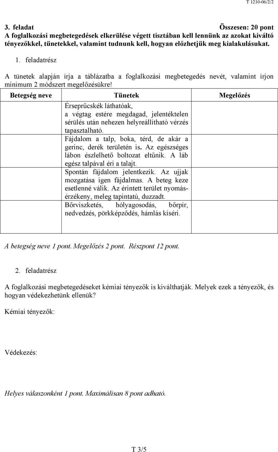 A tünetek alapján írja a táblázatba a foglalkozási megbetegedés nevét, valamint írjon minimum 2 módszert megelőzésükre!