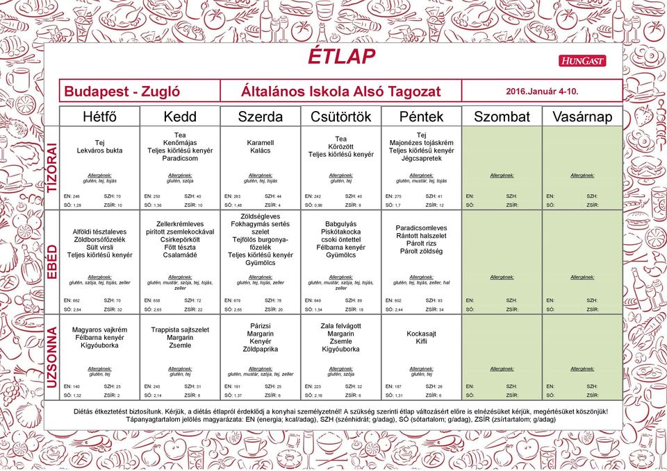 Csalamádé Zöldségleves Fokhagymás sertés szelet fölös burgonyafőzelék, tojás, Babgulyás Piskótakocka csoki öntettel leves Rántott halszelet Párolt rizs Párolt zöldség, tojás,,