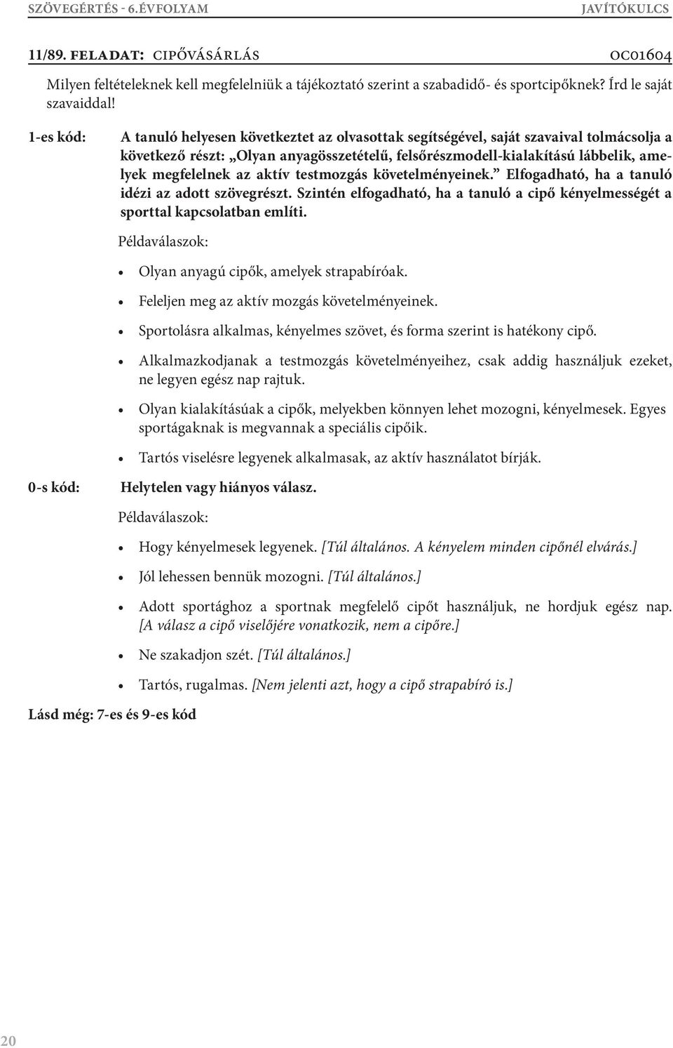 aktív testmozgás követelményeinek. Elfogadható, ha a tanuló idézi az adott szövegrészt. Szintén elfogadható, ha a tanuló a cipő kényelmességét a sporttal kapcsolatban említi.
