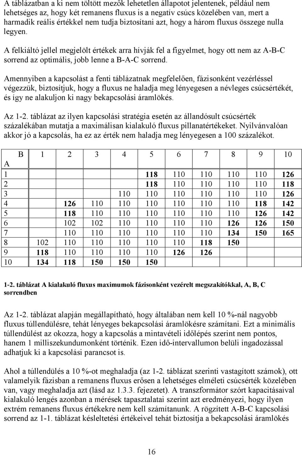 mennyiben a kapcsolást a fenti táblázatnak megfelelően, fázisonként vezérléssel végezzük, biztosítjuk, hogy a fluxus ne haladja meg lényegesen a névleges csúcsértékét, és így ne alakuljon ki nagy