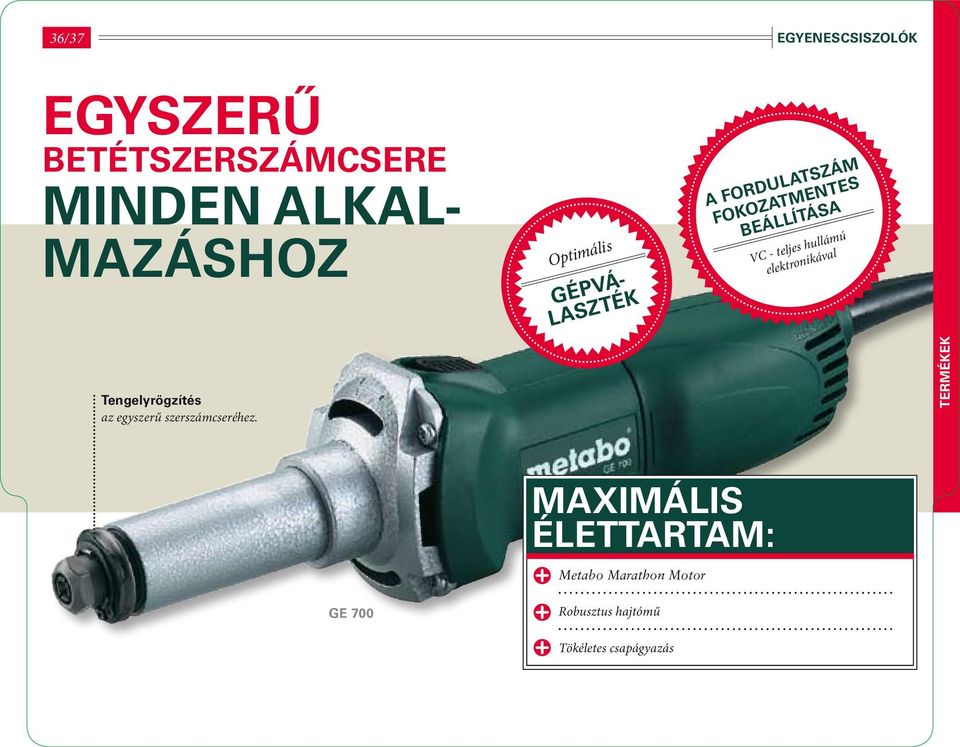 teljes hullámú elektronikával Tengelyrögzítés az egyszerű szerszámcseréhez.