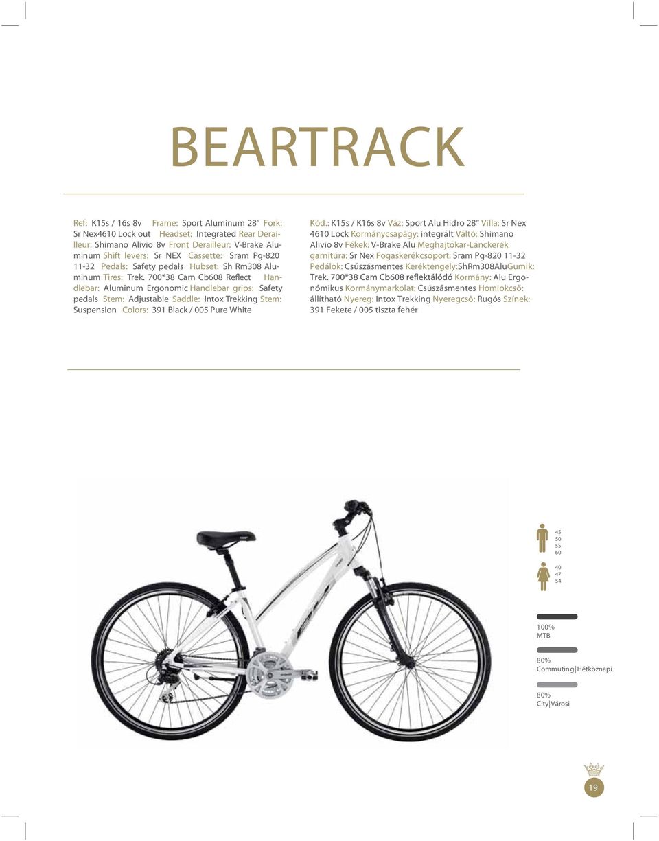 700*38 Cam Cb608 Refl ect Handlebar: Aluminum Ergonomic Handlebar grips: Safety pedals Stem: Adjustable Saddle: Intox Trekking Stem: Suspension Colors: 391 Black / 005 Pure White Kód.