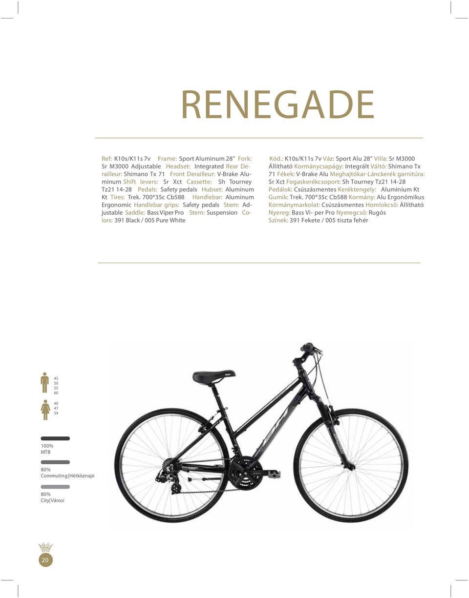 700*35c Cb588 Handlebar: Aluminum Ergonomic Handlebar grips: Safety pedals Stem: Adjustable Saddle: Bass Viper Pro Stem: Suspension Colors: 391 Black / 005 Pure White Kód.