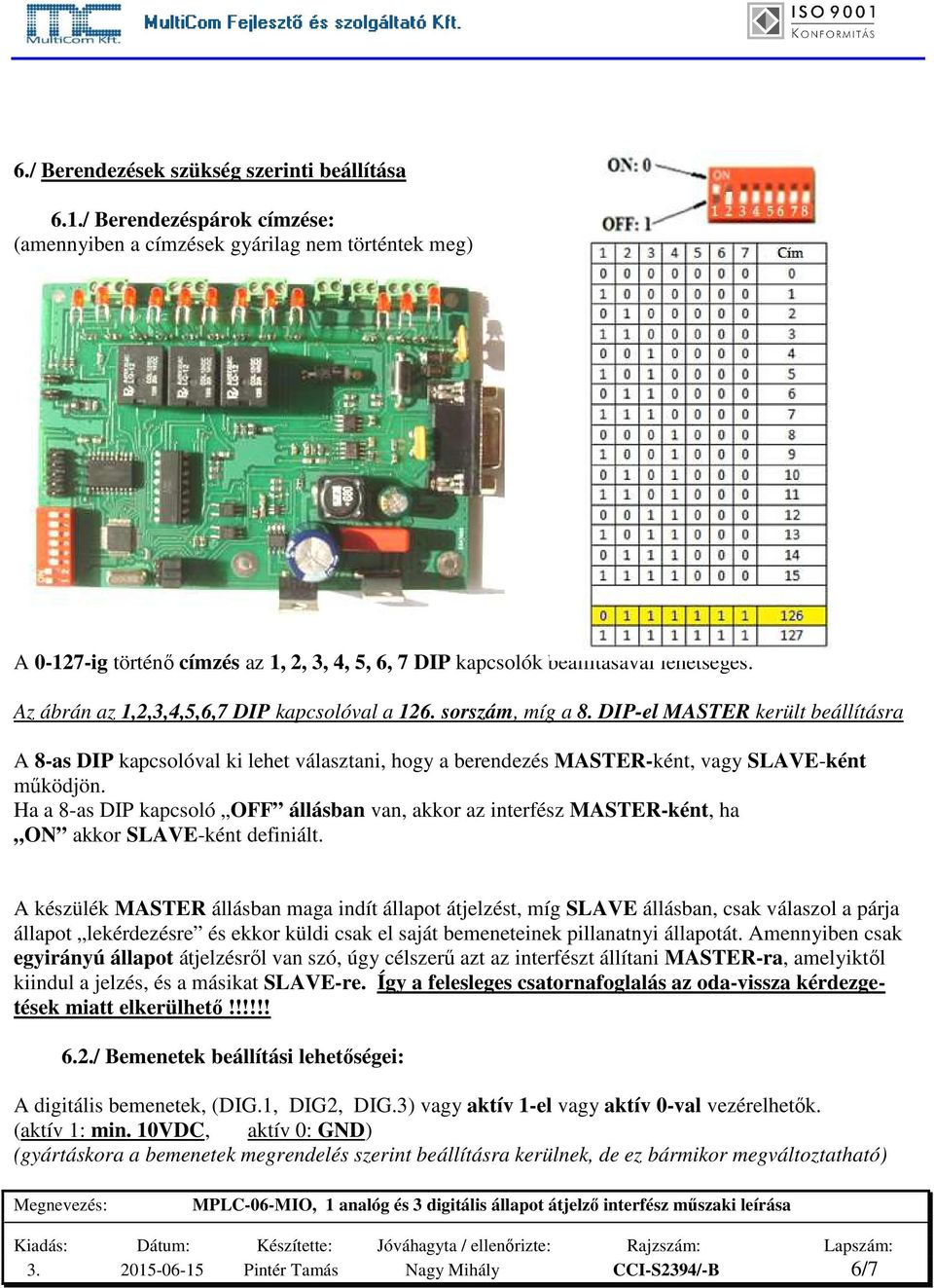 Az ábrán az 1,2,3,4,5,6,7 DIP kapcsolóval a 126. sorszám, míg a 8. DIP-el MASTER került beállításra A 8-as DIP kapcsolóval ki lehet választani, hogy a berendezés MASTER-ként, vagy SLAVE-ként működjön.