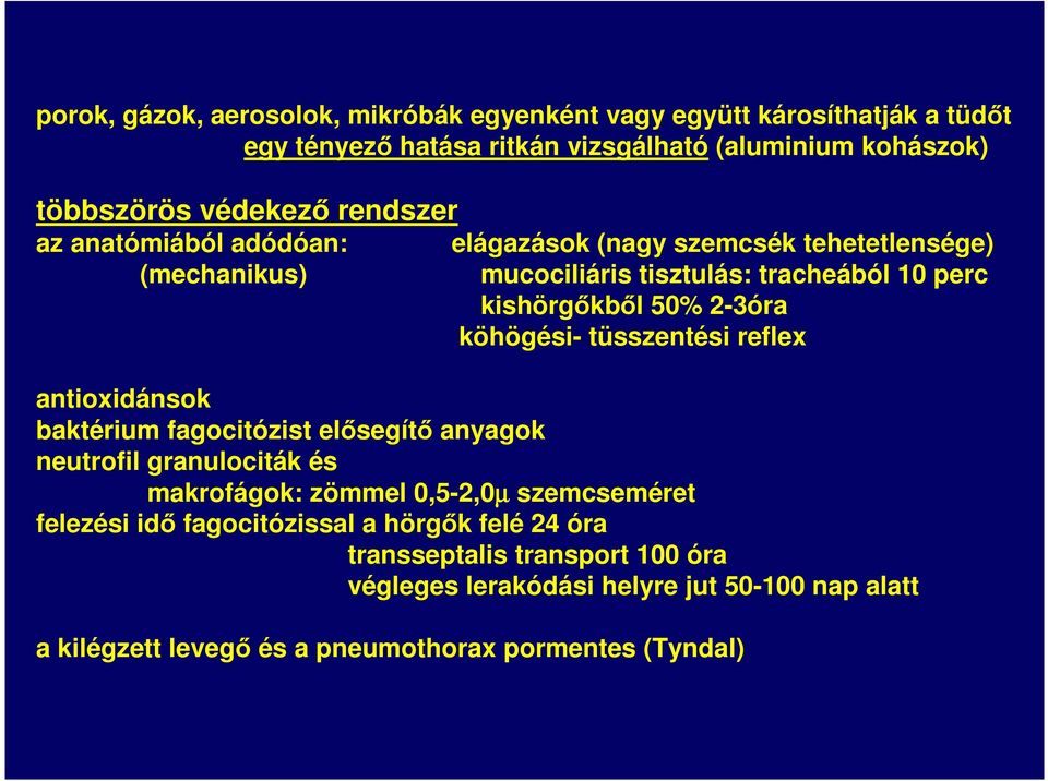 köhögési- tüsszentési reflex antioxidánsok baktérium fagocitózist elősegítő anyagok neutrofil granulociták és makrofágok: zömmel 0,5-2,0µ szemcseméret felezési