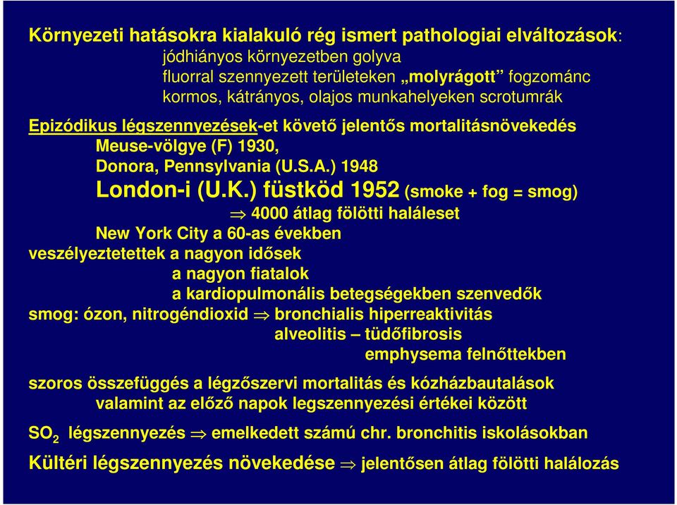 ) füstköd 1952 (smoke + fog = smog) 4000 átlag fölötti haláleset New York City a 60-as években veszélyeztetettek a nagyon idősek a nagyon fiatalok a kardiopulmonális betegségekben szenvedők smog: